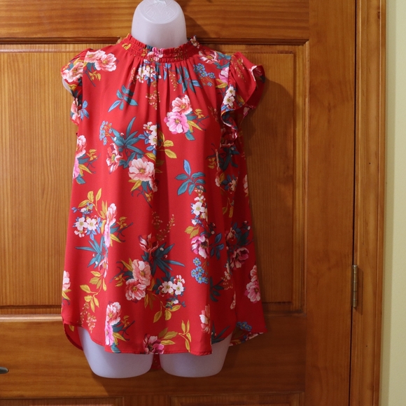 LOFT Red Floral Ruffled Sleeve Blouse Smocked Mock Neck Medium - Picture 2 of 16